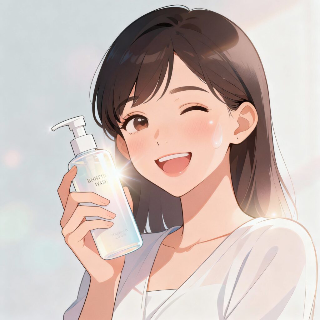 "2D cartoon style cheerful woman with glowing skin holding a brightening face wash bottle against soft pastel background"