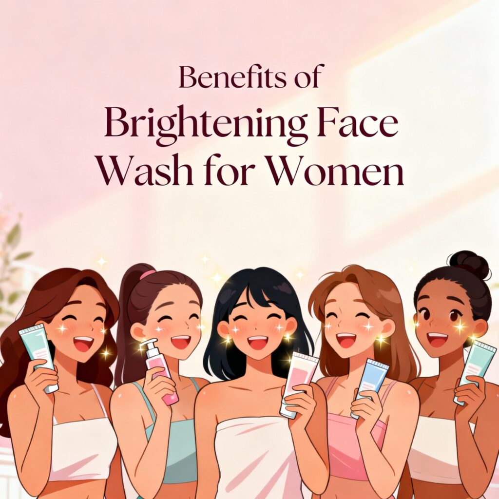 2D cartoon image of happy women with glowing skin holding brightening face wash products with soft pastel background"