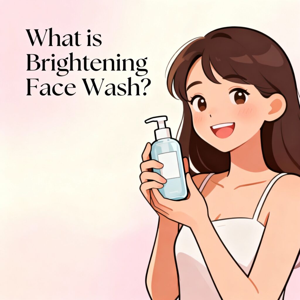 "2D cartoon image of smiling woman holding a brightening face wash bottle with text 'What is Brightening Face Wash?'