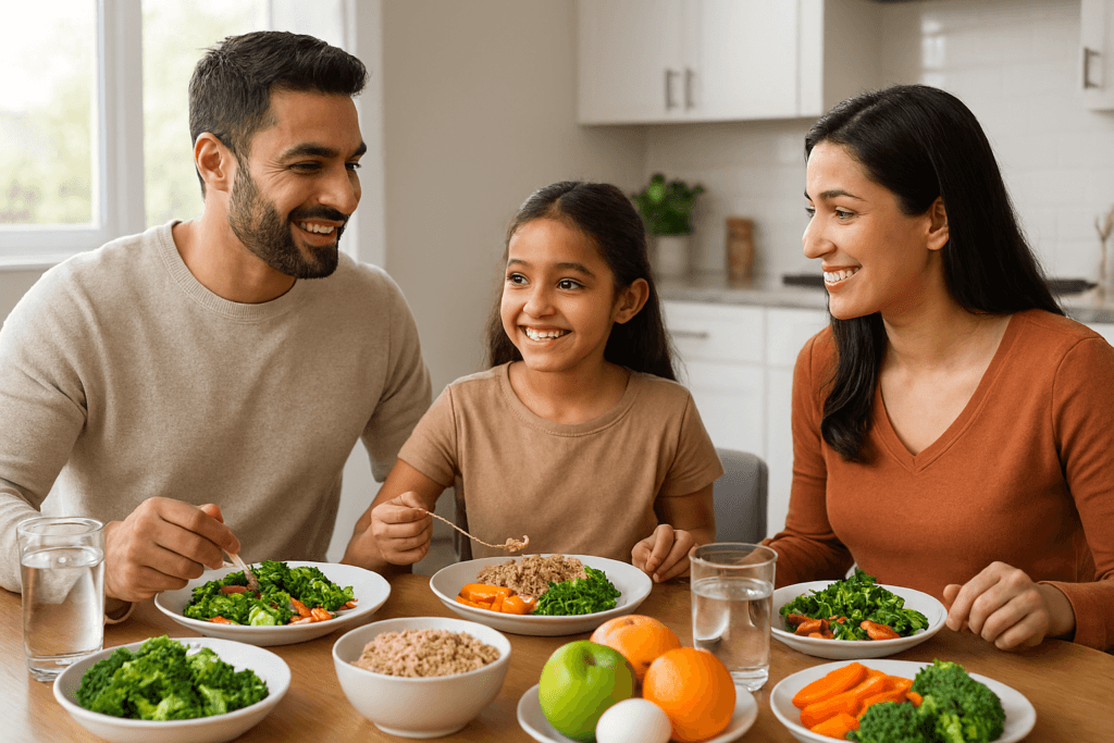 Healthy eating habits with a balanced diet including fruits, vegetables, whole grains, and protein for a healthy lifestyle