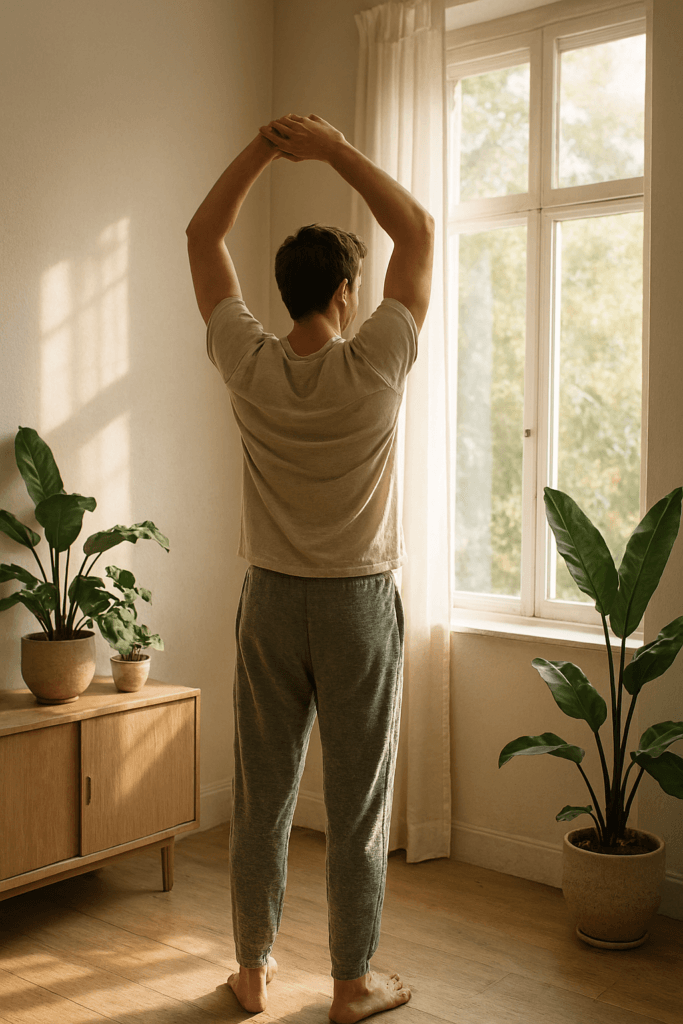 Morning routine for healthy lifestyle with stretching and sunlight