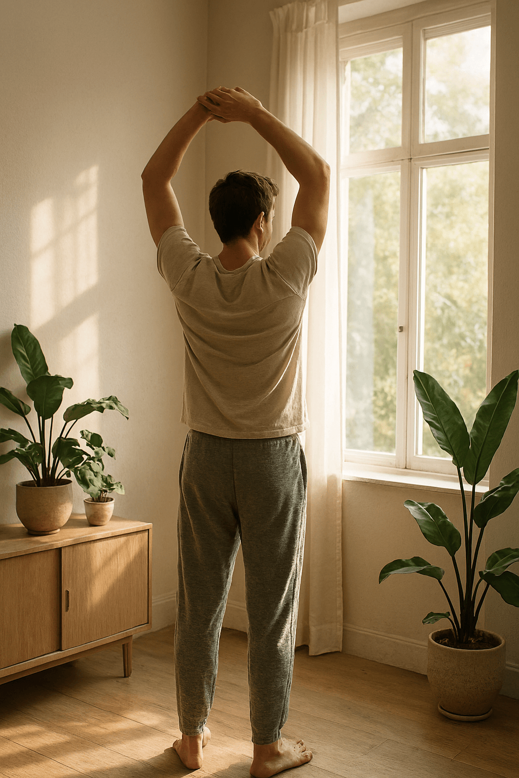 Morning routine for healthy lifestyle with stretching and sunlight