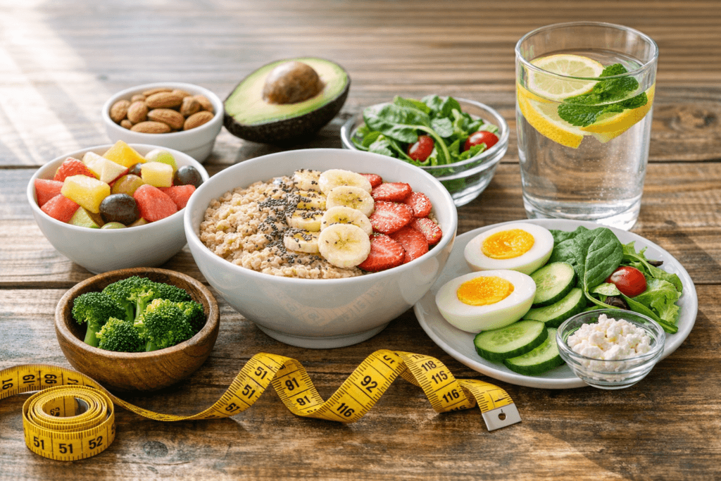 Diet plan for weight loss with healthy Indian foods like oats, fruits, eggs and vegetables