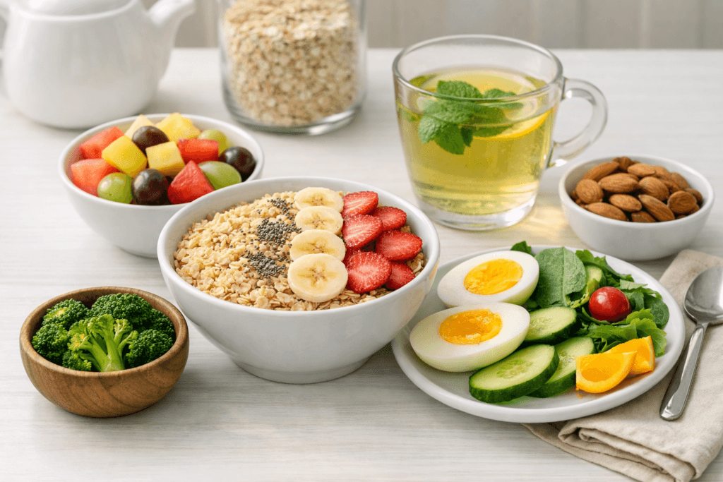 Healthy breakfast for weight loss with oats eggs and fruits
