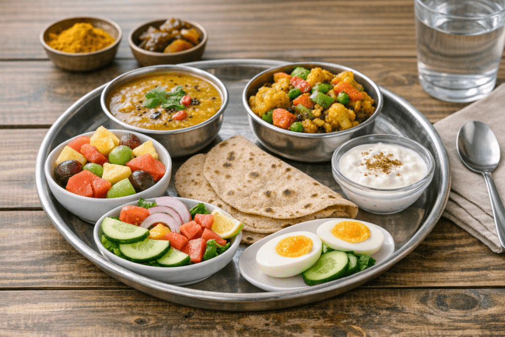 Healthy weight loss lifestyle concept showing a person measuring waist with a measuring tape and healthy foods like fruits and vegetables on a table, bright natural lighting