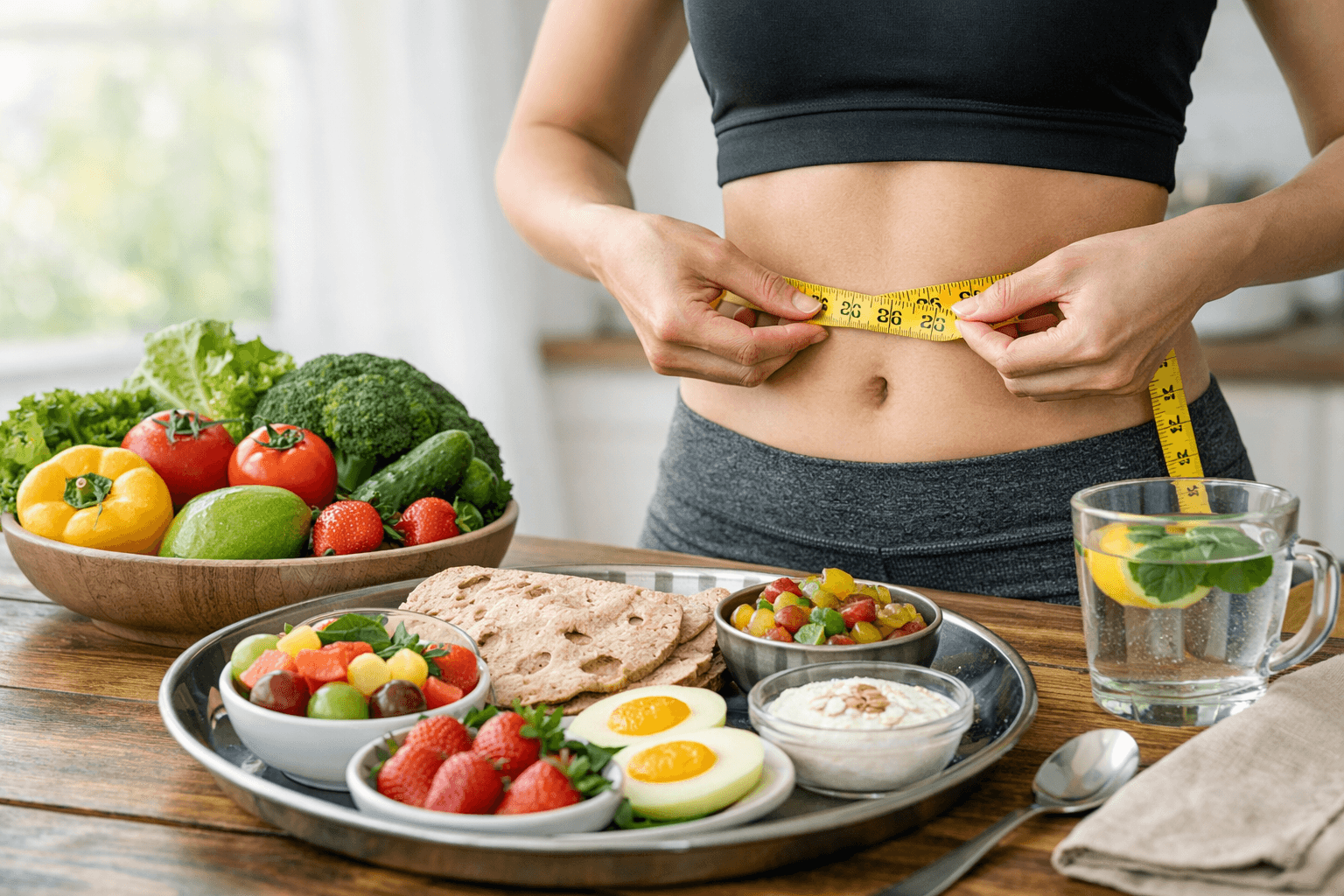 Healthy lifestyle and diet plan for weight loss concept with measuring tape and fruits