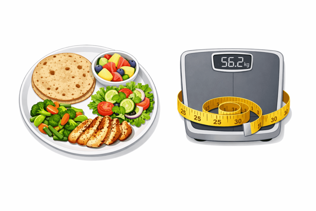 calorie deficit diet concept with healthy indian foods and weight loss scale