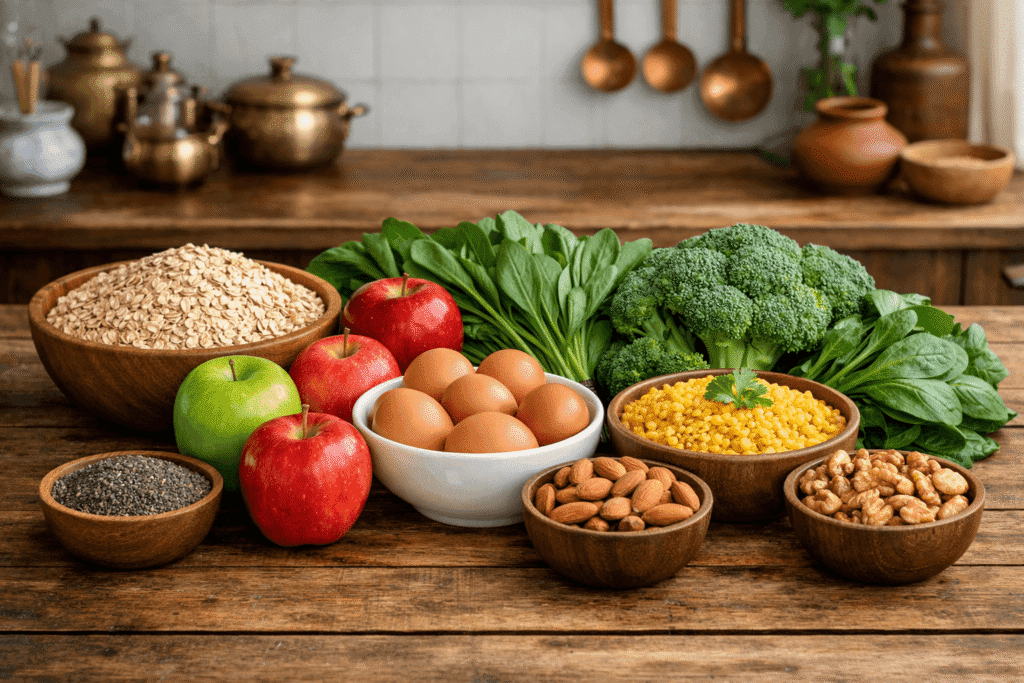 top healthy foods for weight loss including oats eggs fruits and vegetables
