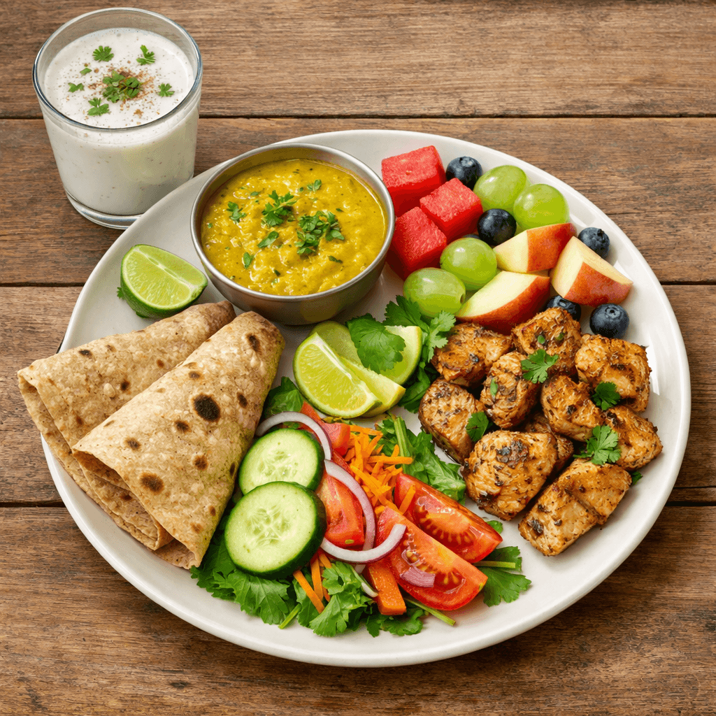 healthy indian meal for "calorie deficit diet" with roti dal salad and chicken