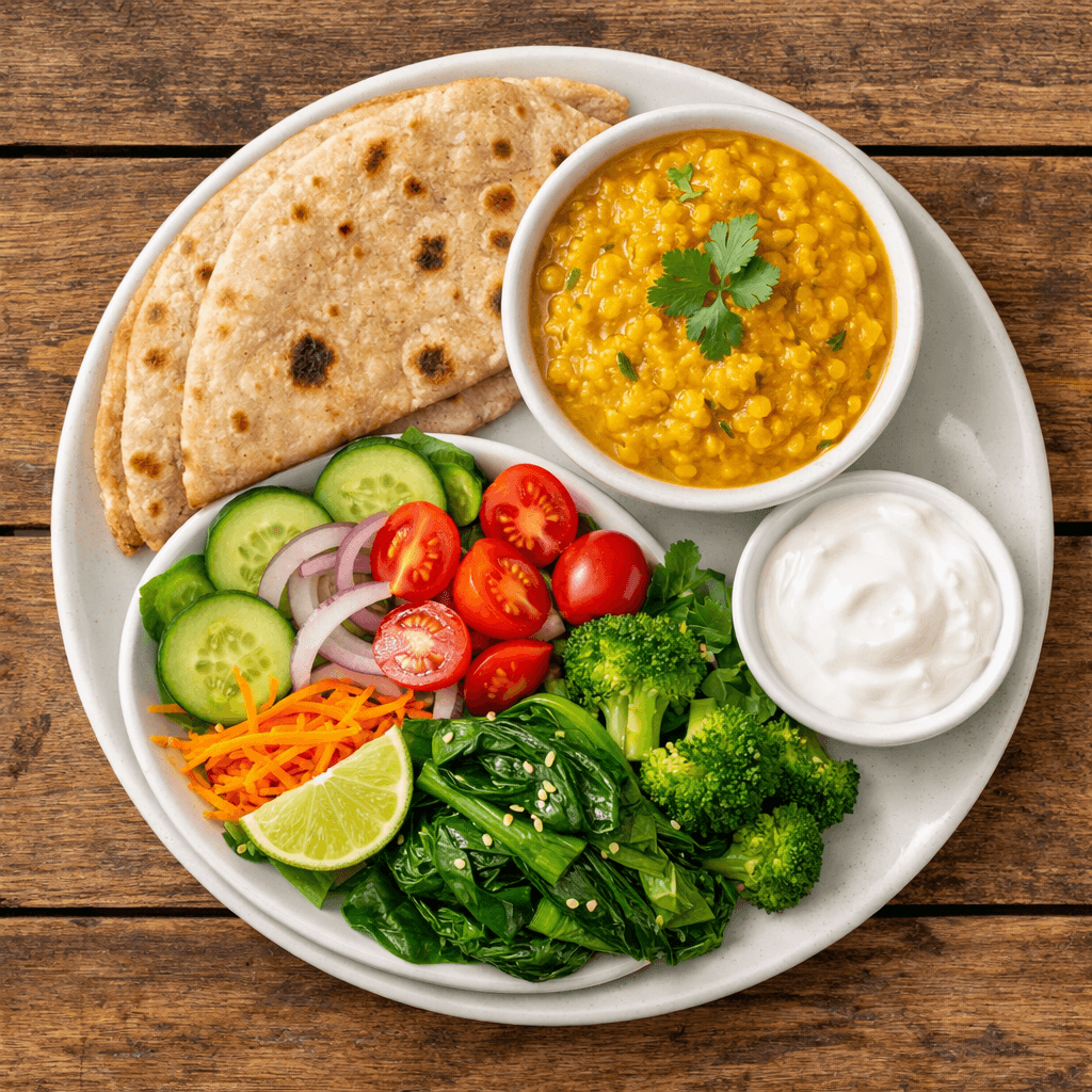 balanced indian meal for weight loss with roti dal vegetables and salad

