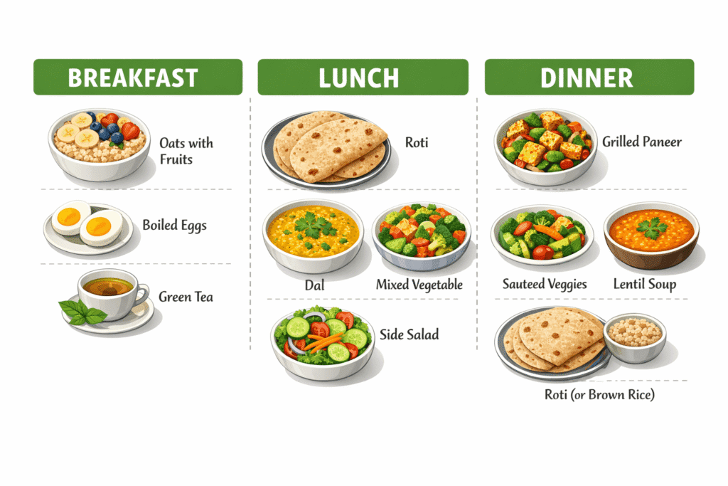 Indian weight loss meal plan chart with breakfast lunch and dinner