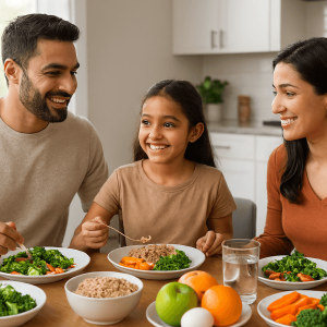 Healthy eating habits with a balanced diet including fruits, vegetables, whole grains, and protein for a healthy lifestyle